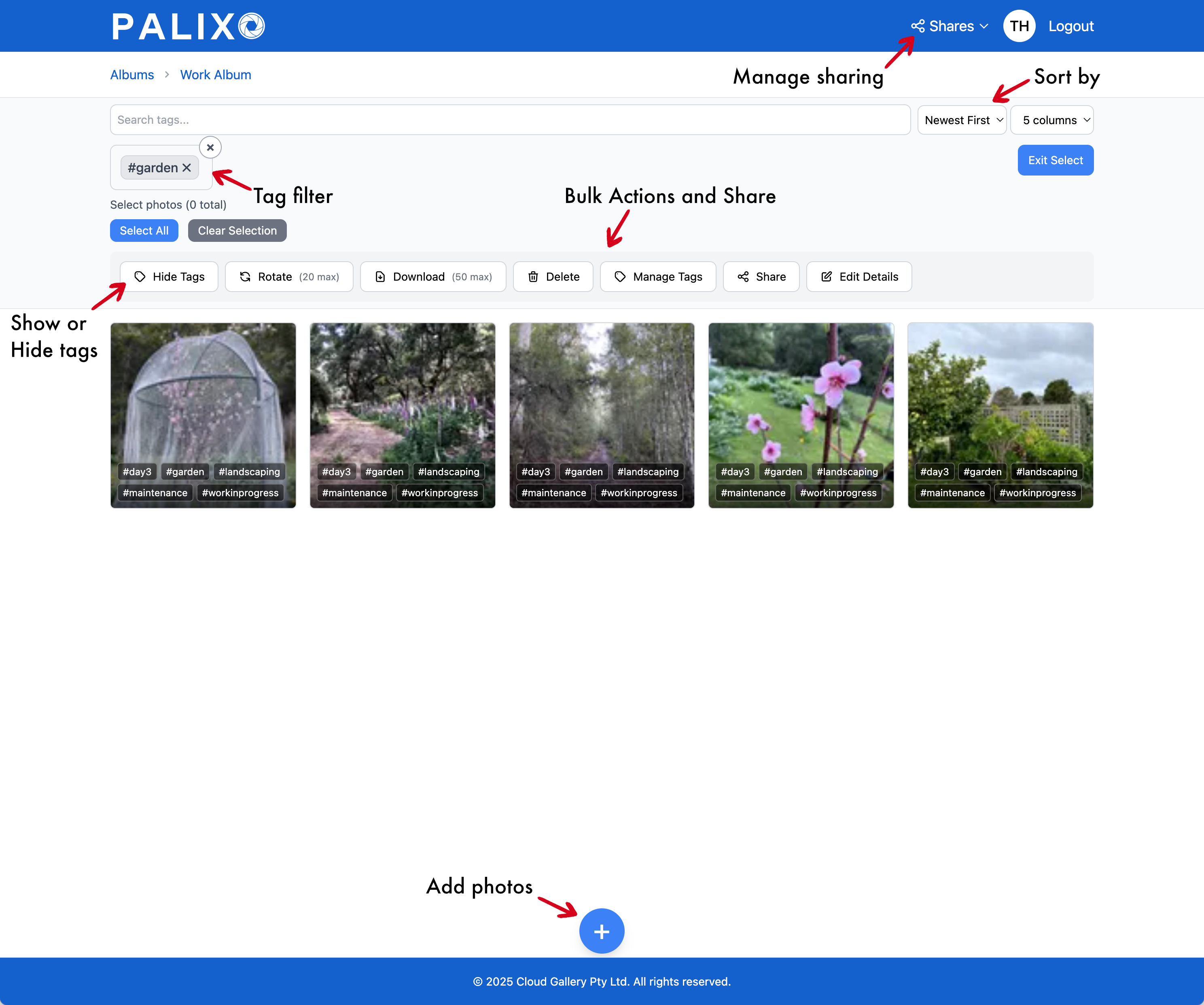 Album view with all UI elements labelled